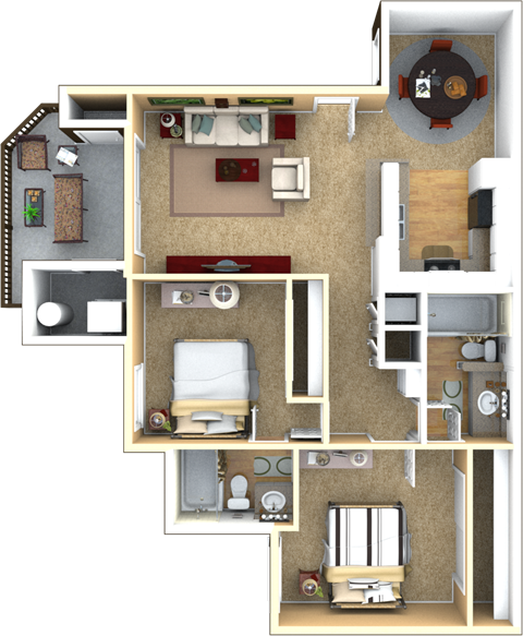 Floor plan for 2 beds, 2 baths, 888 sqft